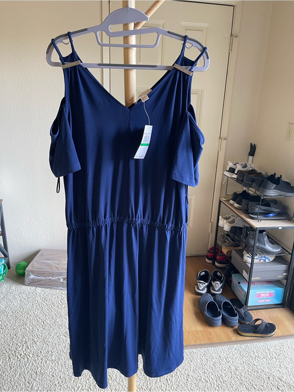 Michael Kors Navy Cold-Shoulder V-Neck Dress